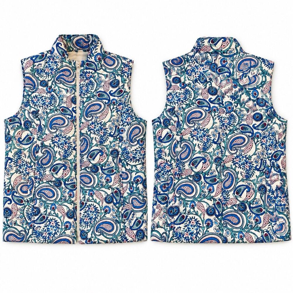 Kim Rogers Womens Paisley Puffer Vest Polyester Quilted Full Zip Pockets Blue XL